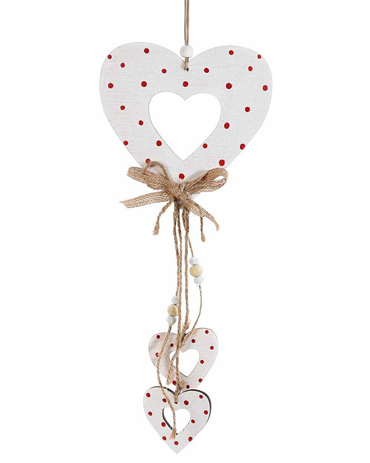 Set di 3 Cuori Da Appendere in Legno Rosso, Rosa e Bianco a Pois Rossi  Stile Country con Spago - Idea Decorazione Casa San Valentino