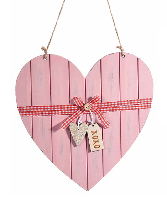 Decorazione da Appendere Cuore Rosa in Legno in Stile Country con Nastrino  a Quadratini Rossi e Bianchi - Idea Romantica Decorazione Casa San Valentino