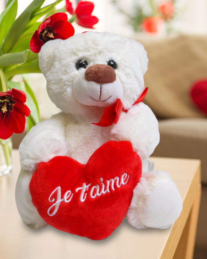 Morbido Orsacchiotto Bianco di Peluche con Cuore Rosso e Scritta Je  t'Aime - Idea Regalo Romantica Lui, Lei San Valentino o Anniversario