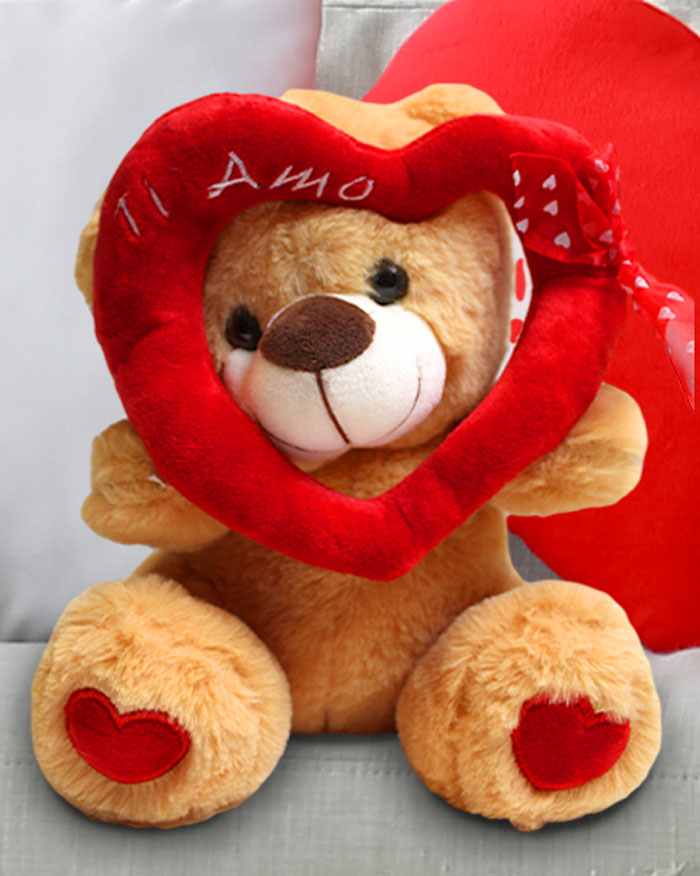 Orsetto di Peluche con Cuore Rosso, Scritta Ti amo e Fiocco in Organza -  Idea Regalo Romantica San Valentino per Lei