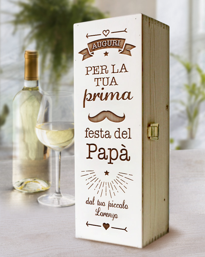 Cassettina Porta Vino in Legno Personalizzata con Baffi e Dedica Auguri  per la Tua Prima Festa del Papà - Idea Regalo Festa del Papà