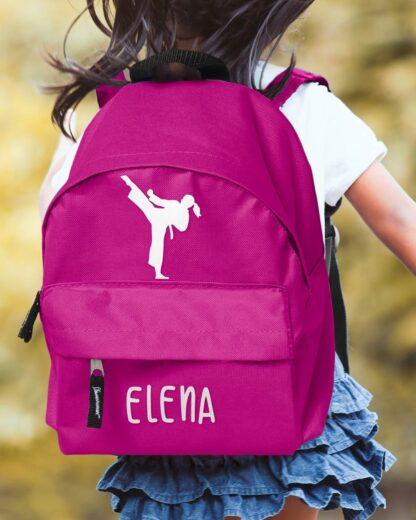 zaino-scuola-bambina-sport-karate-rosa-fucsia-personalizzabile