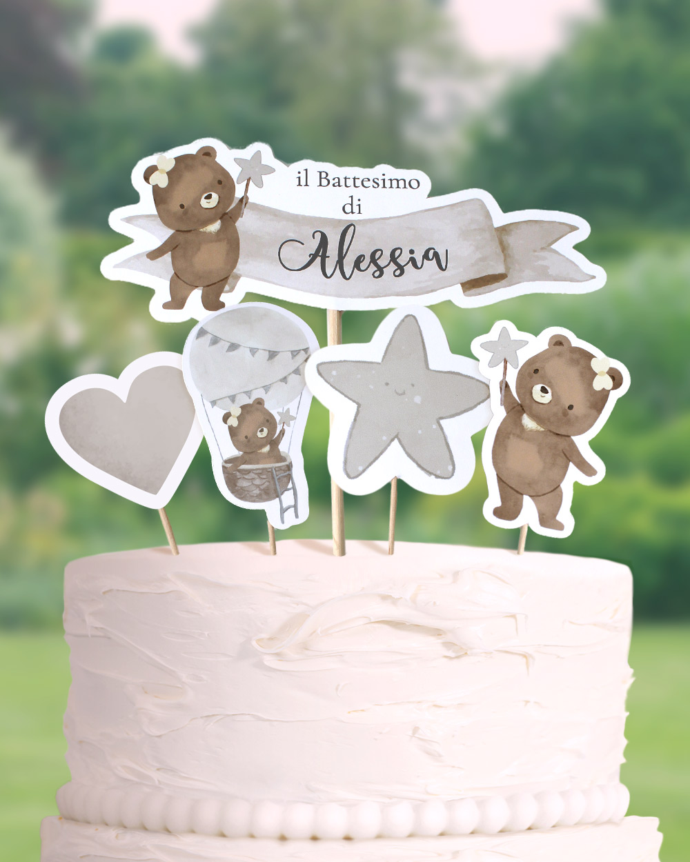 Set di 5 Cake Topper Color Beige Personalizzabili con Nome - Idea