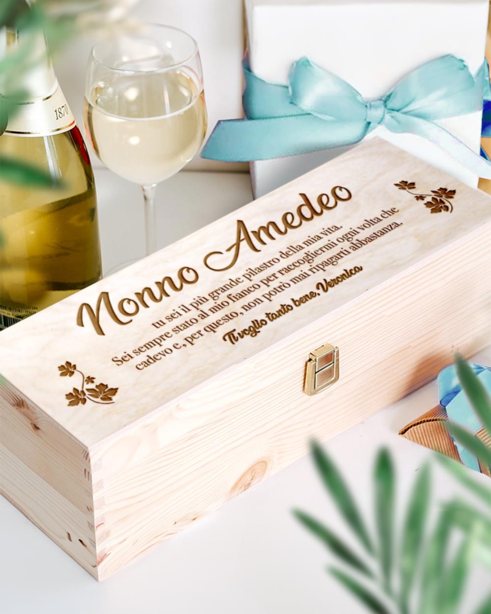 Champagne personalizzato con cassetta in legno idea regalo