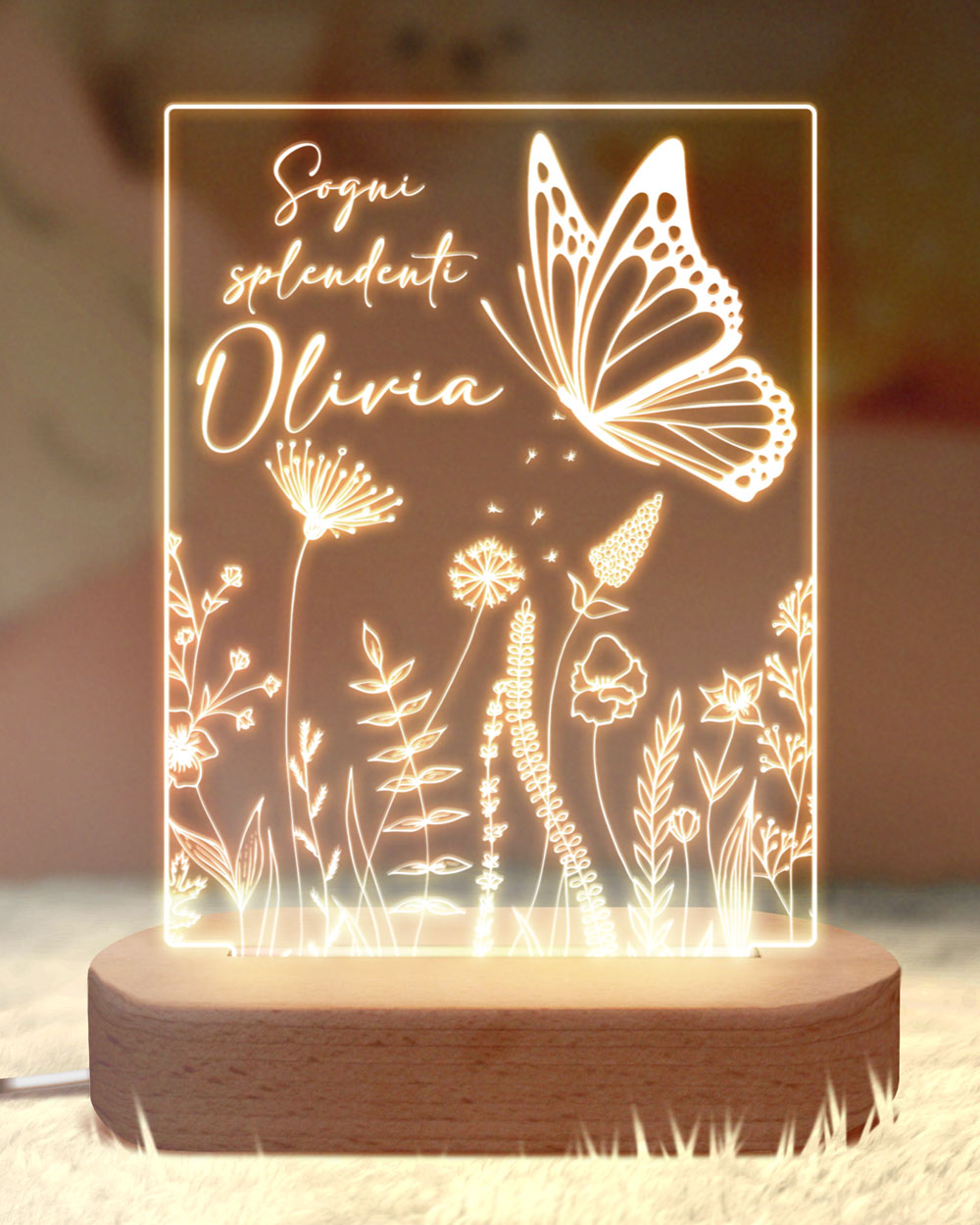 Lampada a Led Placca in Plexiglass Sogni Splendenti Personalizzata con  Nome, Fiori e Farfalla – Idea Regalo per Bambina