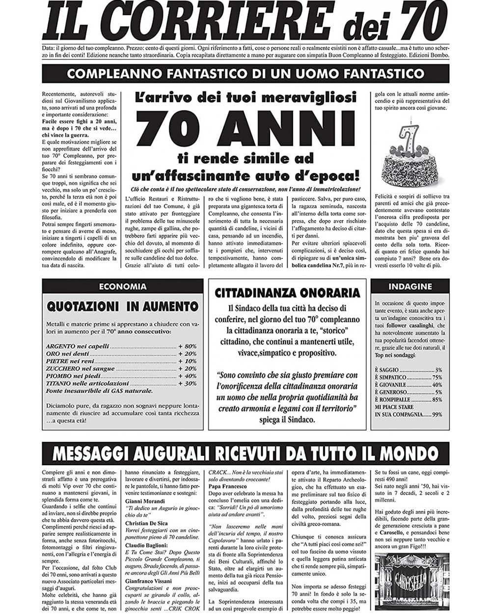 Finto Giornale Quotidiano per Compleanno 70 Anni Uomo - Biglietto