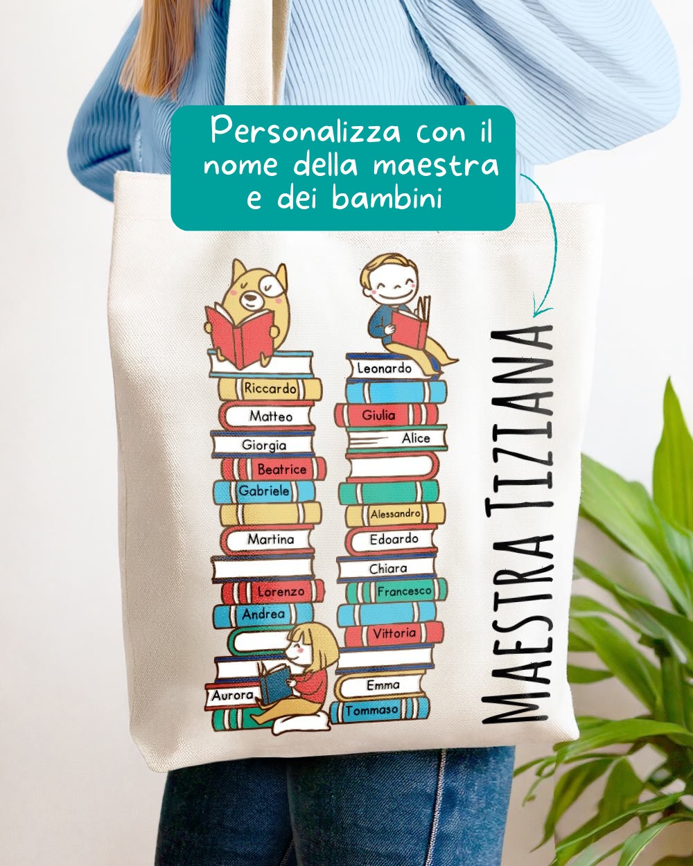 infografica personalizzazione borsa shopper maestra nomi alunni libri regalo fine anno scolastico