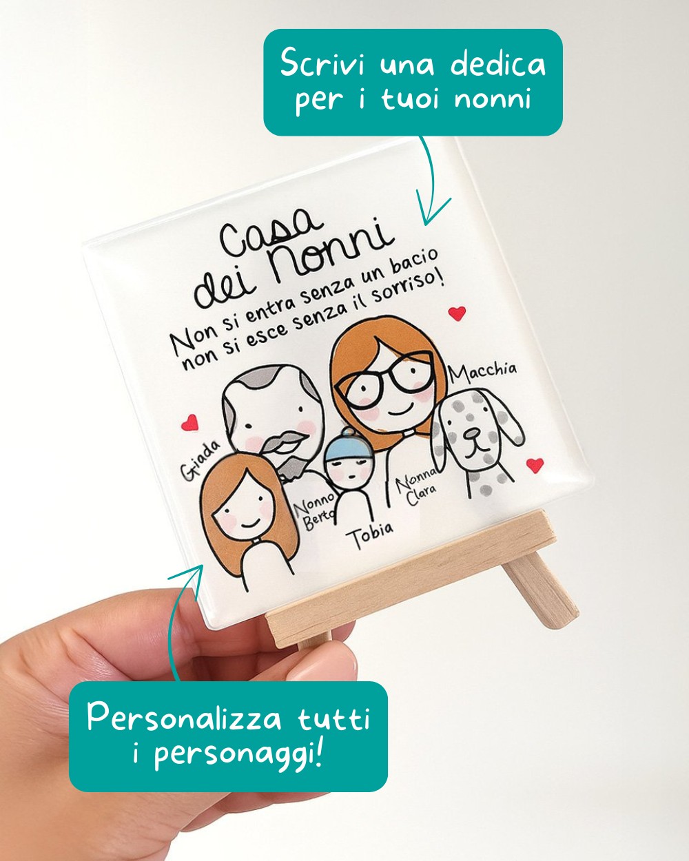 Piastrella in Plexiglass "Casa dei Nonni" Personalizzata con Omini Stilizzati su Mini Cavalletto in Legno - Idea Regalo Festa dei Nonni - immagine 4