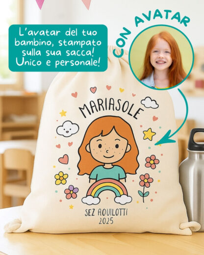 Sacca Scuola con Lacci Personalizzata con Nome e Ritratto – Idea Regalo per Bambini, per Scuola e Asilo, Ritorno a Scuola - immagine 4