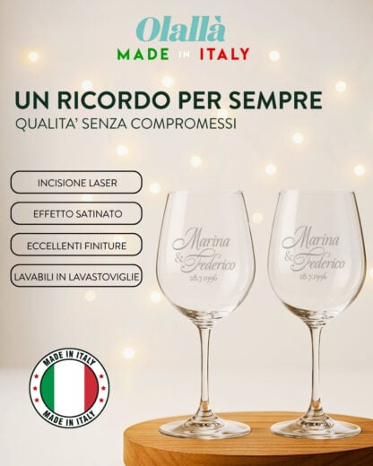 Coppia di Calici da Vino Personalizzati con Nomi e Data in Corsivo - Idea Regalo per Anniversario, Matrimonio - immagine 4