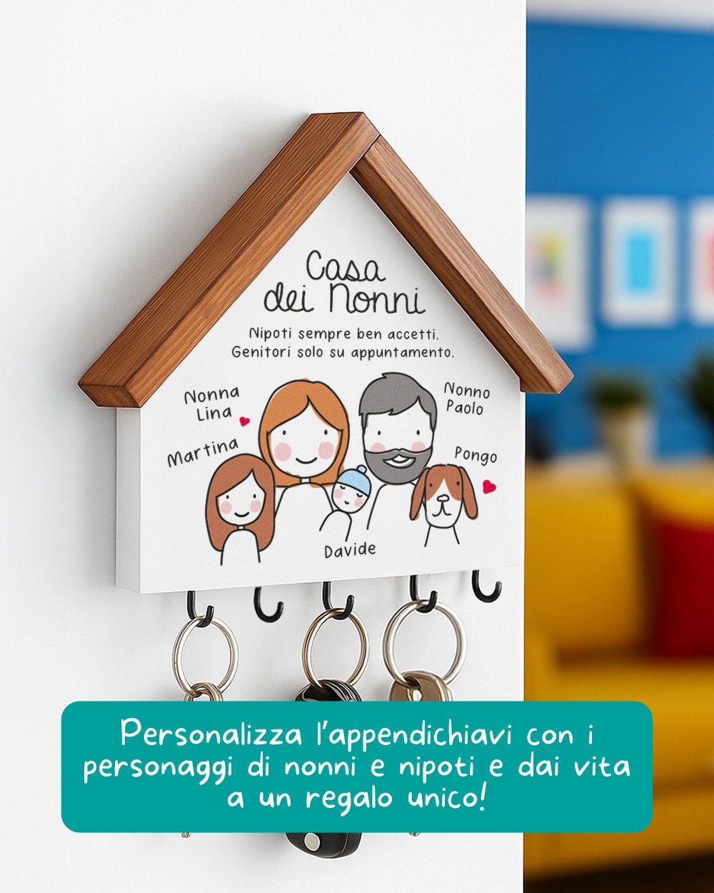 Casetta Appendichiavi in Legno "Casa dei Nonni" Personalizzata con Omini e Dedica - Idea Regalo per i Nonni, Festa dei Nonni - immagine 4