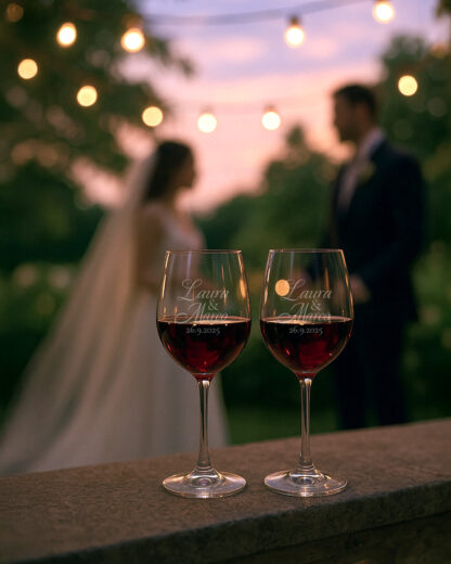 Coppia di Calici da Vino Personalizzati con Nomi e Data in Corsivo - Idea Regalo per Anniversario, Matrimonio - immagine 15