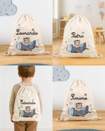 Sacca Asilo Scuola con Lacci Personalizzata con Nome e Orsetto Viaggiatore – Idea Regalo per Bambino, per Scuola e Asilo, Primo Compleanno - immagine 10