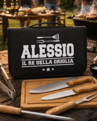 Set Barbecue Personalizzato "Il Re della Griglia" con Utensili per BBQ - Idea Regalo Papà, Amanti Cucina e BBQ