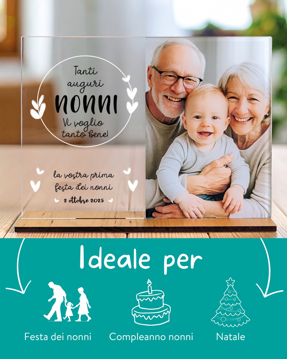 Targhetta Placca in Plexiglass Cornice Personalizzata con Foto, Dedica e Cuori - Idea Regalo per Neo Nonni, Festa dei Nonni - immagine 6