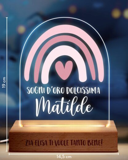 Lampada a Led in Plexiglass, Personalizzata con Arcobaleno Rosa – Idea Regalo per Nascita, Battesimo, Primo Compleanno - immagine 2