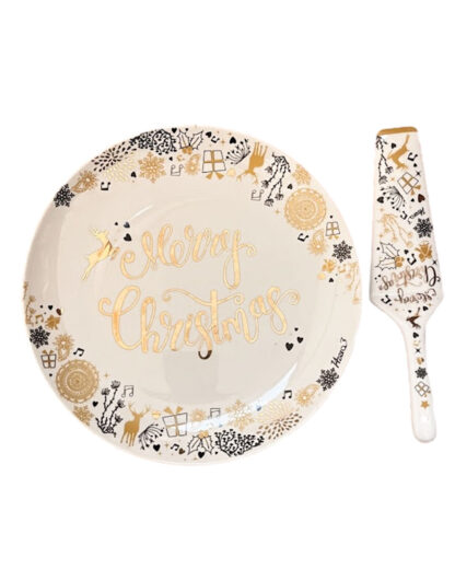 Piatto in Porcellana Merry Christmas Decori Oro con Paletta in Confezione Regalo