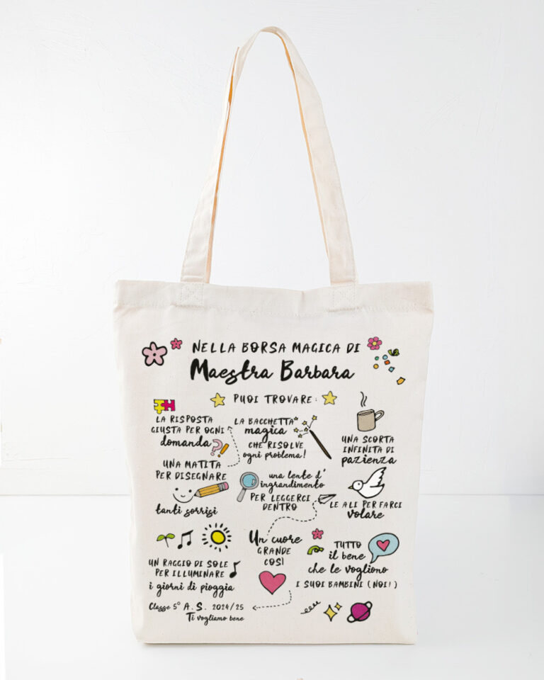 Shopper Borsa In Cotone Beige Per Maestra Inglese, Nido O Materna - Idea Regalo Di Natale O Fine Anno, Made In Italy. Dimensioni 38x42 Cm.