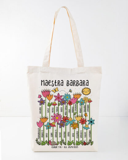 Borsa Personalizzabile con Fiori, Nomi Alunni e Dedica - Idea Regalo Originale Maestre, Regalo di Classe Fine Anno Scolastico - immagine 2