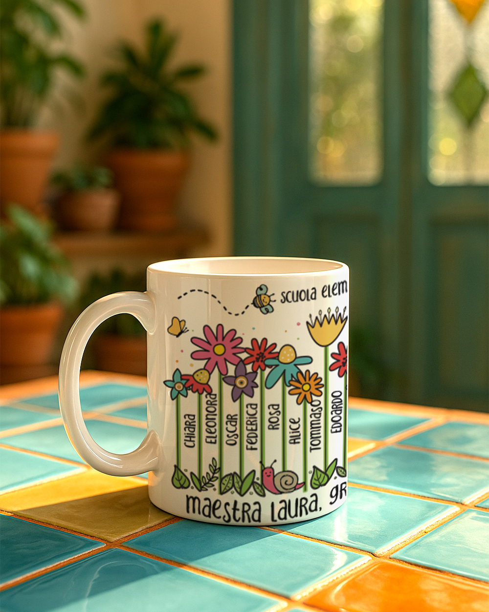 tazza personalizzata maestra fiori nomi bambini regalo fine anno scolastico