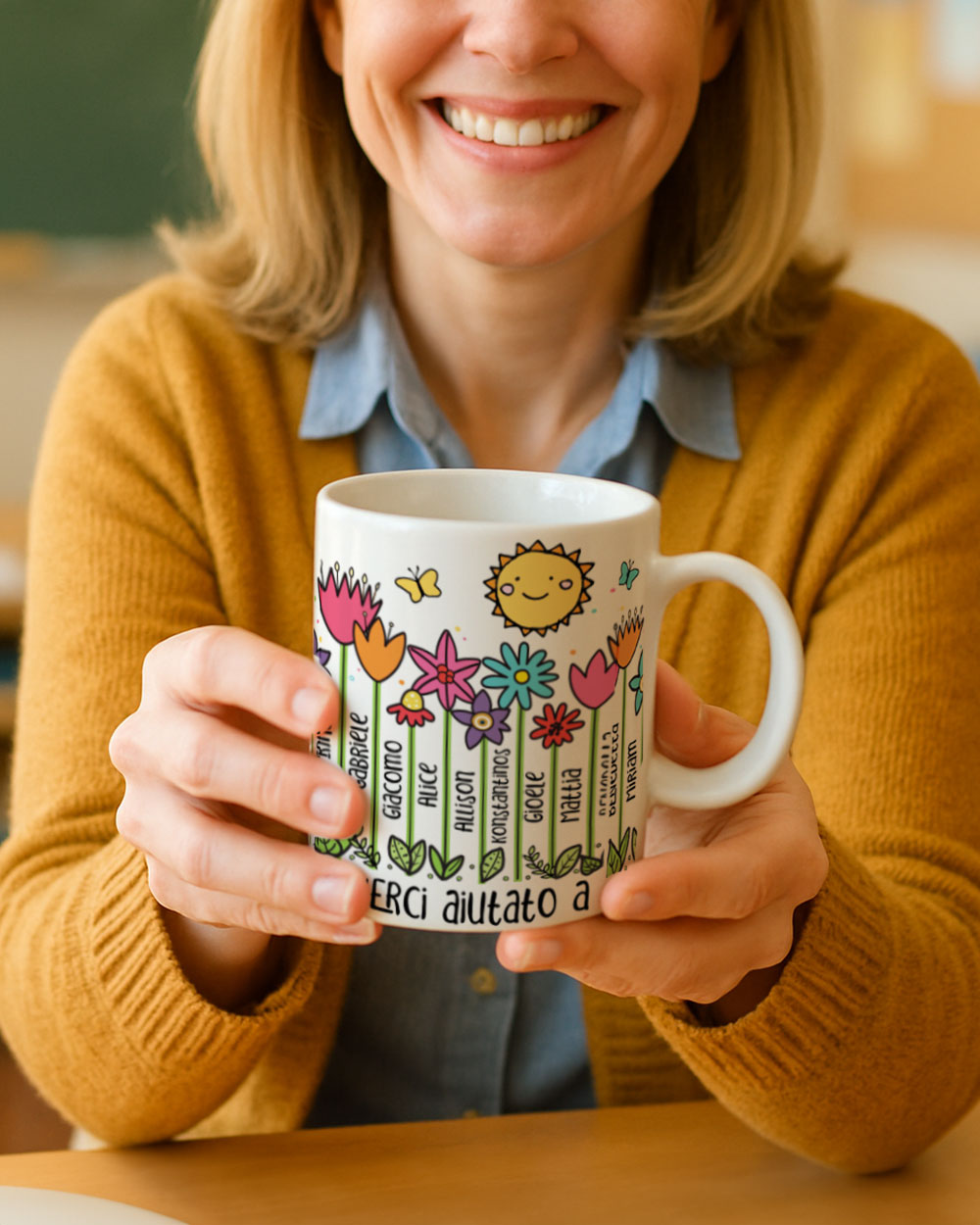tazza personalizzata con fiori e nomi dei bambini idea regalo maestra fine anno