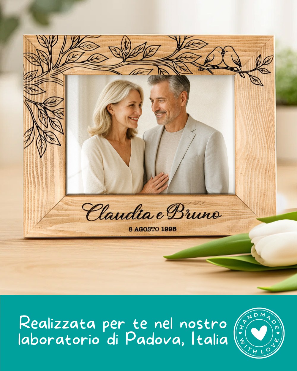 Cornice Foto In Legno Di Gomma 20x25 Cm – Stile Vintage Ondulato – Per Tavolo O Parete – Regalo Per Nonna