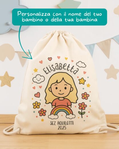 Sacca Scuola con Lacci Personalizzata con Nome e Ritratto – Idea Regalo per Bambini, per Scuola e Asilo, Ritorno a Scuola - immagine 2