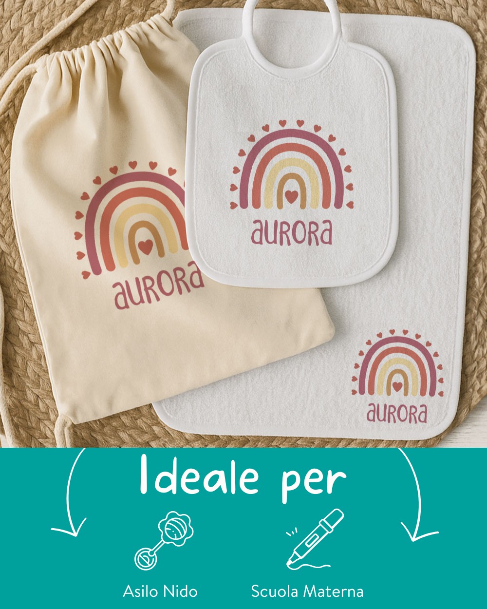 set asilo personalizzato con nome e personaggio idea regalo bambini