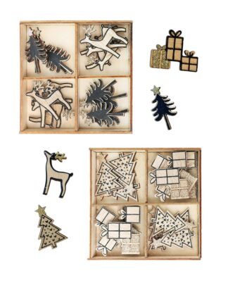 Set 6 Decorazioni Natalizie in Legno con Bollino Adesivo – Oro e Nero