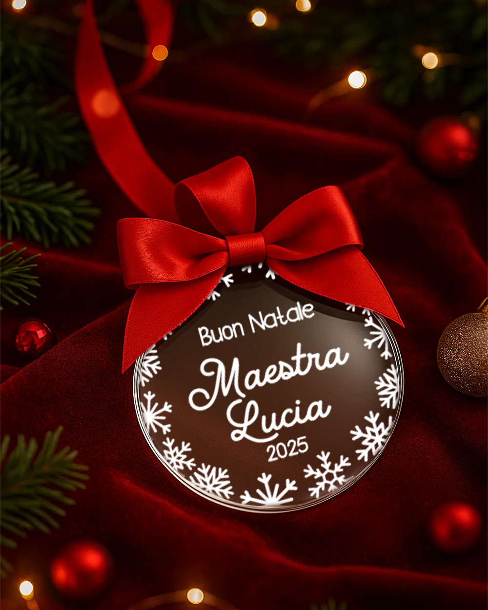 Pallina Di Natale In Legno Personalizzata Per Maestra – Con Nome Inciso, Fiocco E Scatola Regalo – Legno Betulla 4mm
