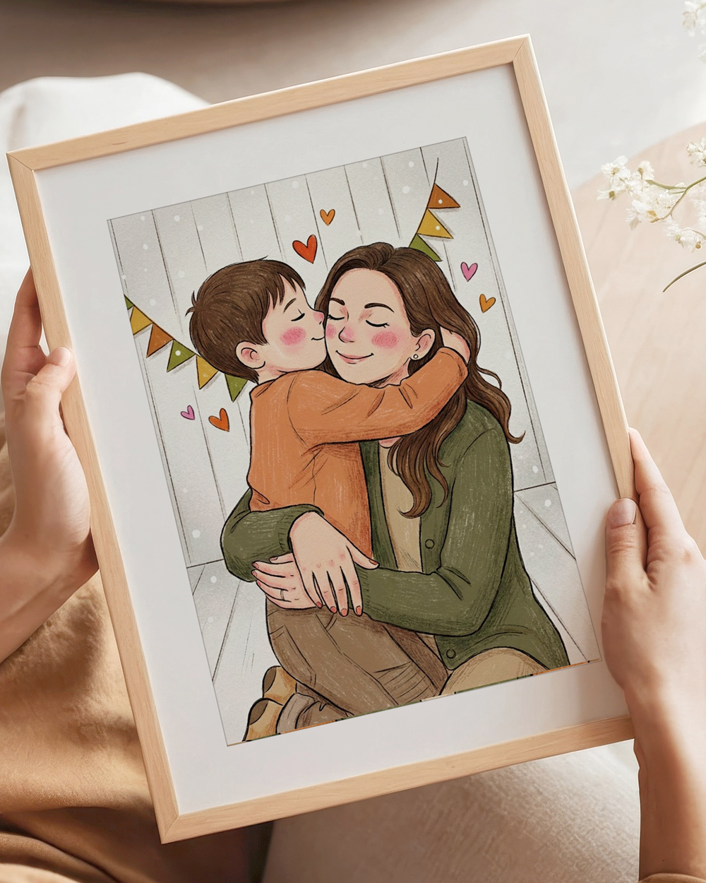 illustrazione personalizzata mamma bambino stile libro illustrato - varianti formato e cornice