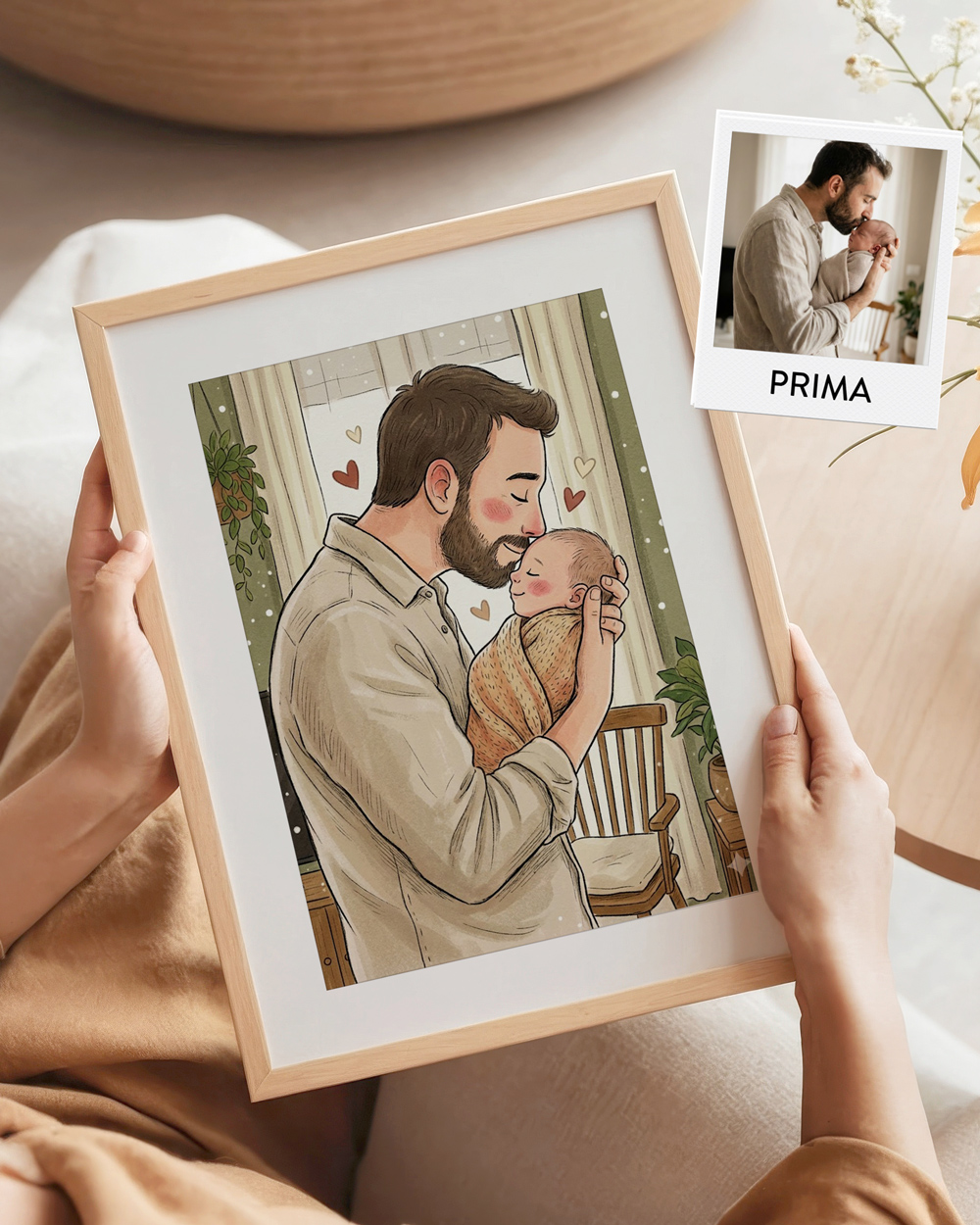 Illustrazione papà e figlio neonato romantica personalizzata dalla foto effetto favola