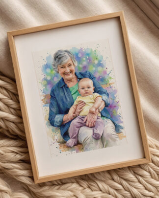 Acquerello Ritratto Nonna Nipote Colore Su Misura
