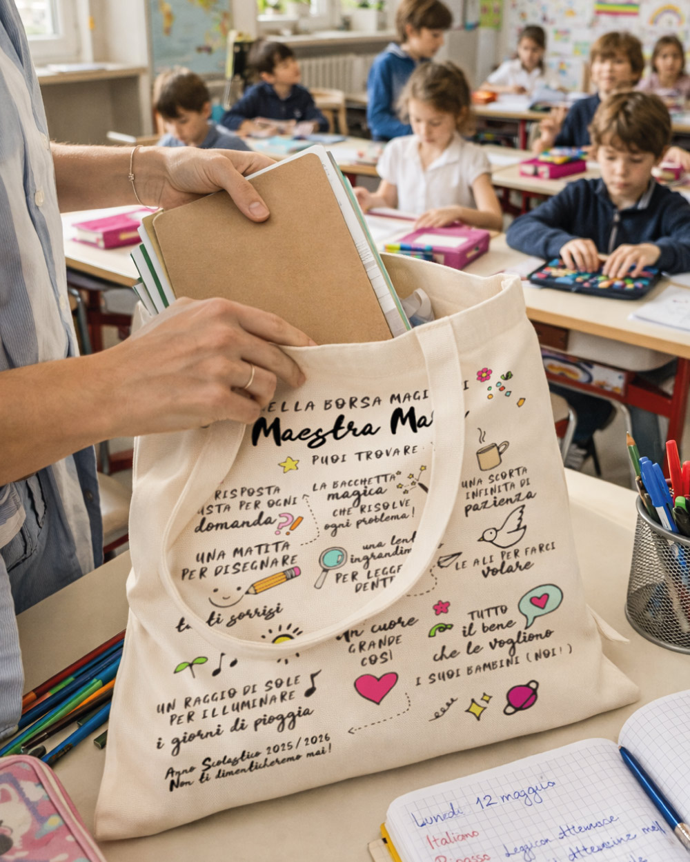 borsa maestra personalizzata regalo fine anno scolastico esempio