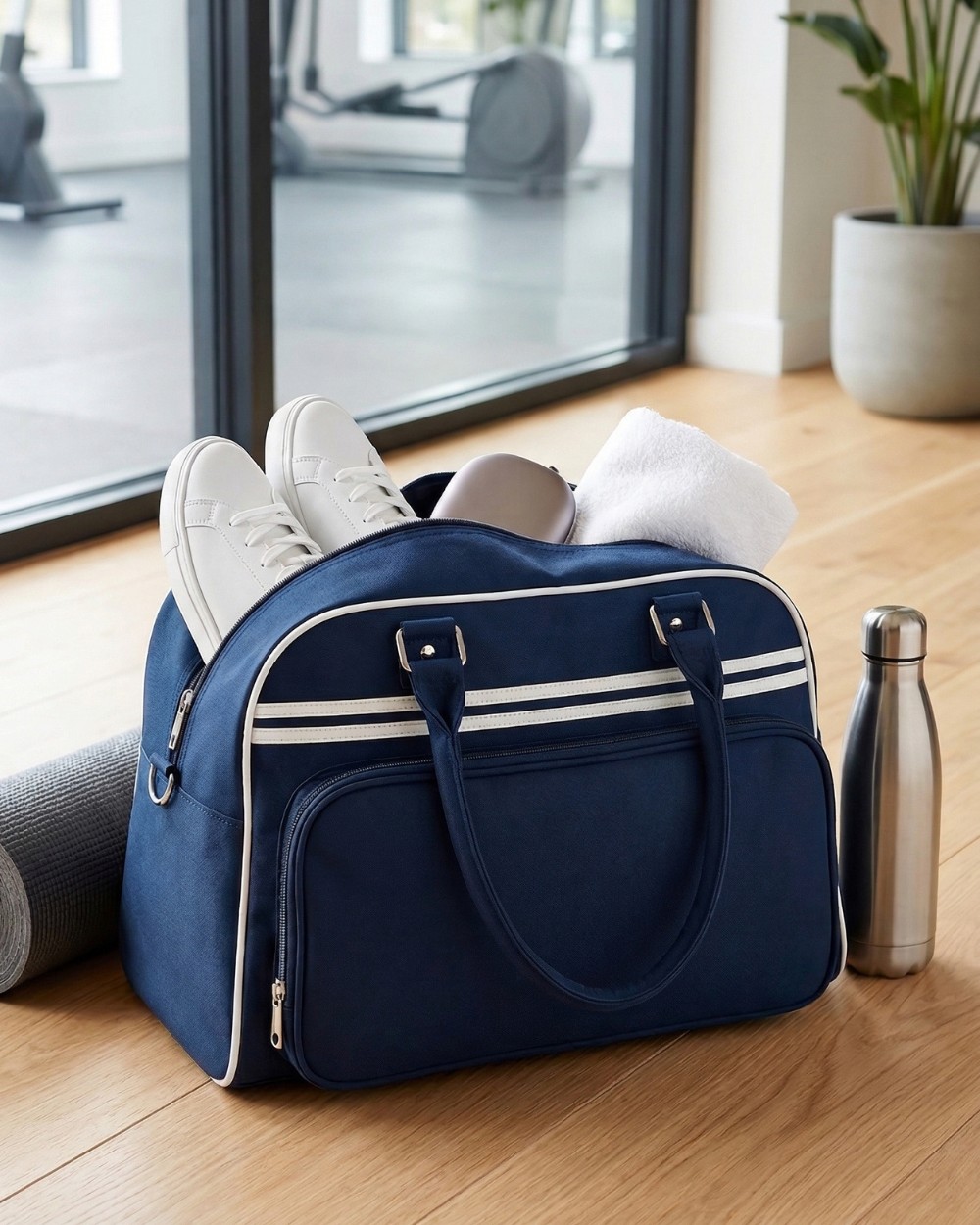 Borsone da palestra blu navy con tasca anteriore e zip, capacità 23 litri