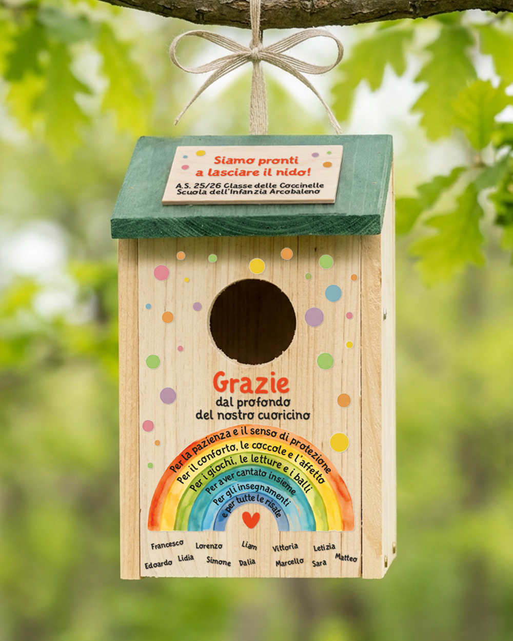 Casetta per uccelli personalizzata regalo maestra fine anno con dedica e nomi bambini