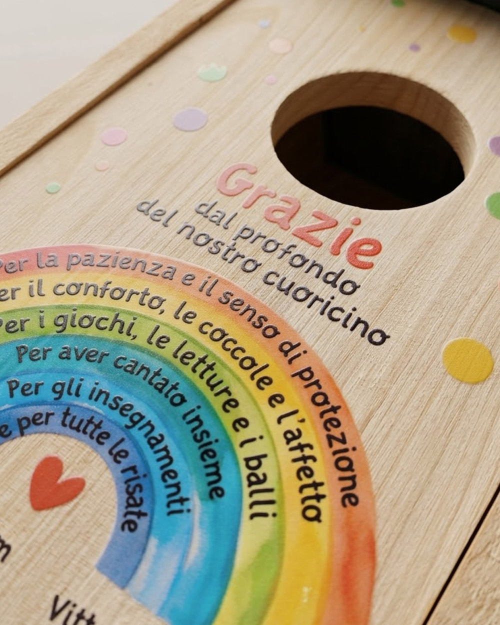 Dettaglio stampa arcobaleno su casetta per uccelli personalizzata maestra con nomi bambini