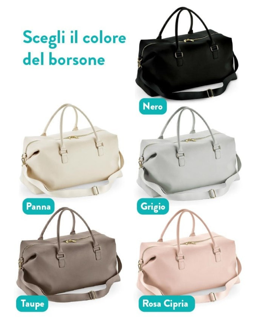 colori disponibili set da viaggio borsone pochette ecopelle personalizzato rosa cipria tortora avorio nero
