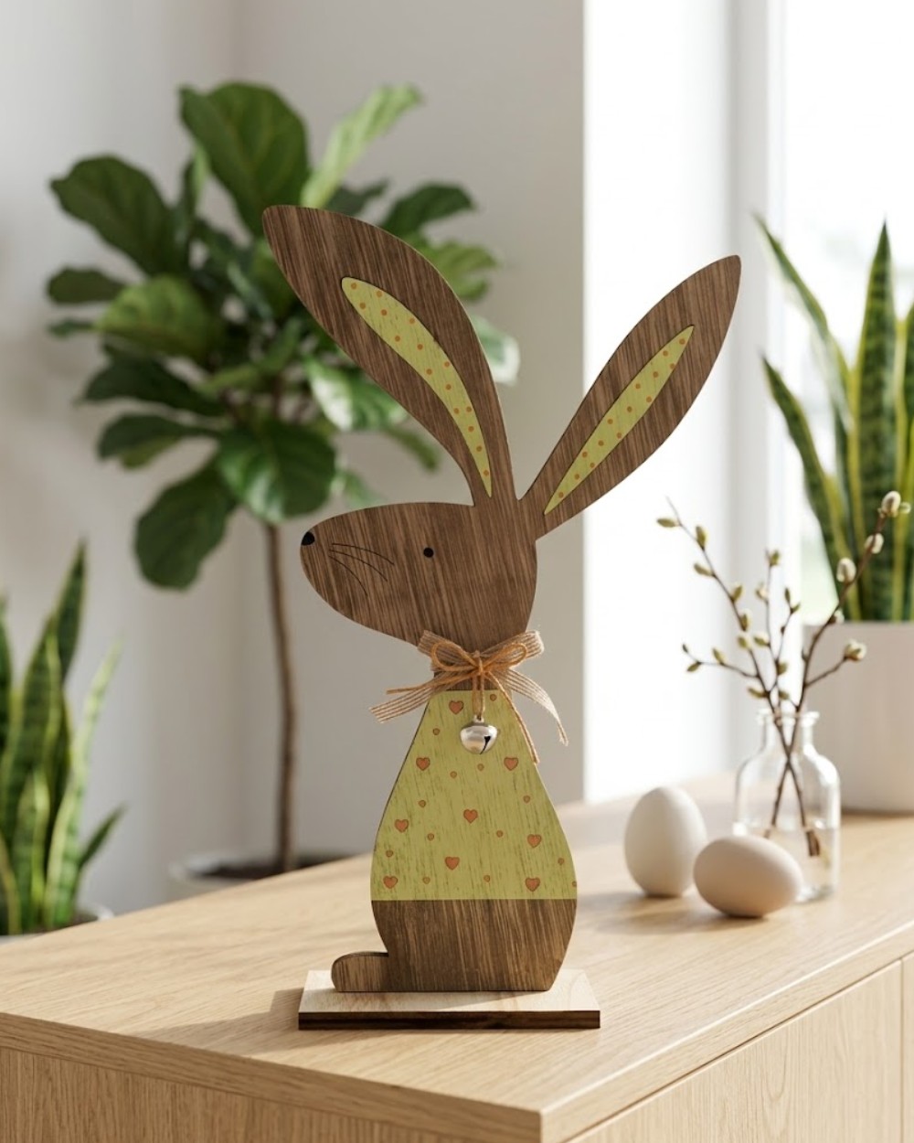 coniglio pasquale in legno con campanellino decorazione pasqua artigianale