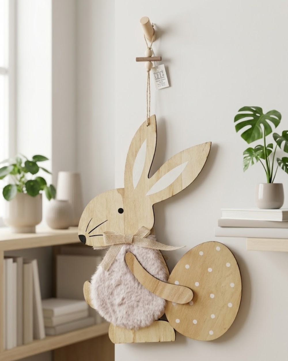coniglio pasquale in legno con pelo morbido e uovo decorazione appendibile