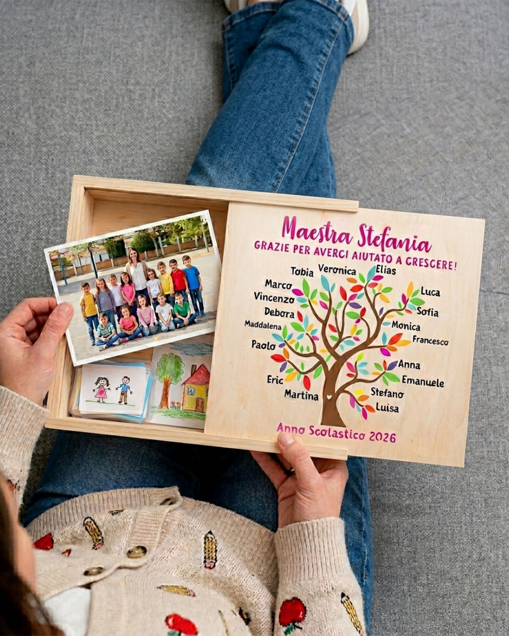 regalo maestra fine anno scolastico scatola dei ricordi personalizzata nomi classe