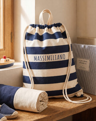 Sacca Zainetto da Ginnastica A Righe Blu, Personalizzabile con Frase - Idea Regalo Bambini, Back to School