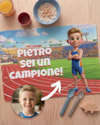 Tovaglietta Personalizzata Atleta con Foto Cartone Animato 3D del Tuo Bambino – Idea Regalo Scuola Compleanno Bambino