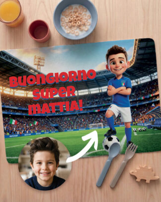 Tovaglietta Personalizzata Calciatore con Foto Cartone Animato 3D del Tuo Bambino – Idea Regalo Scuola Compleanno Bambino