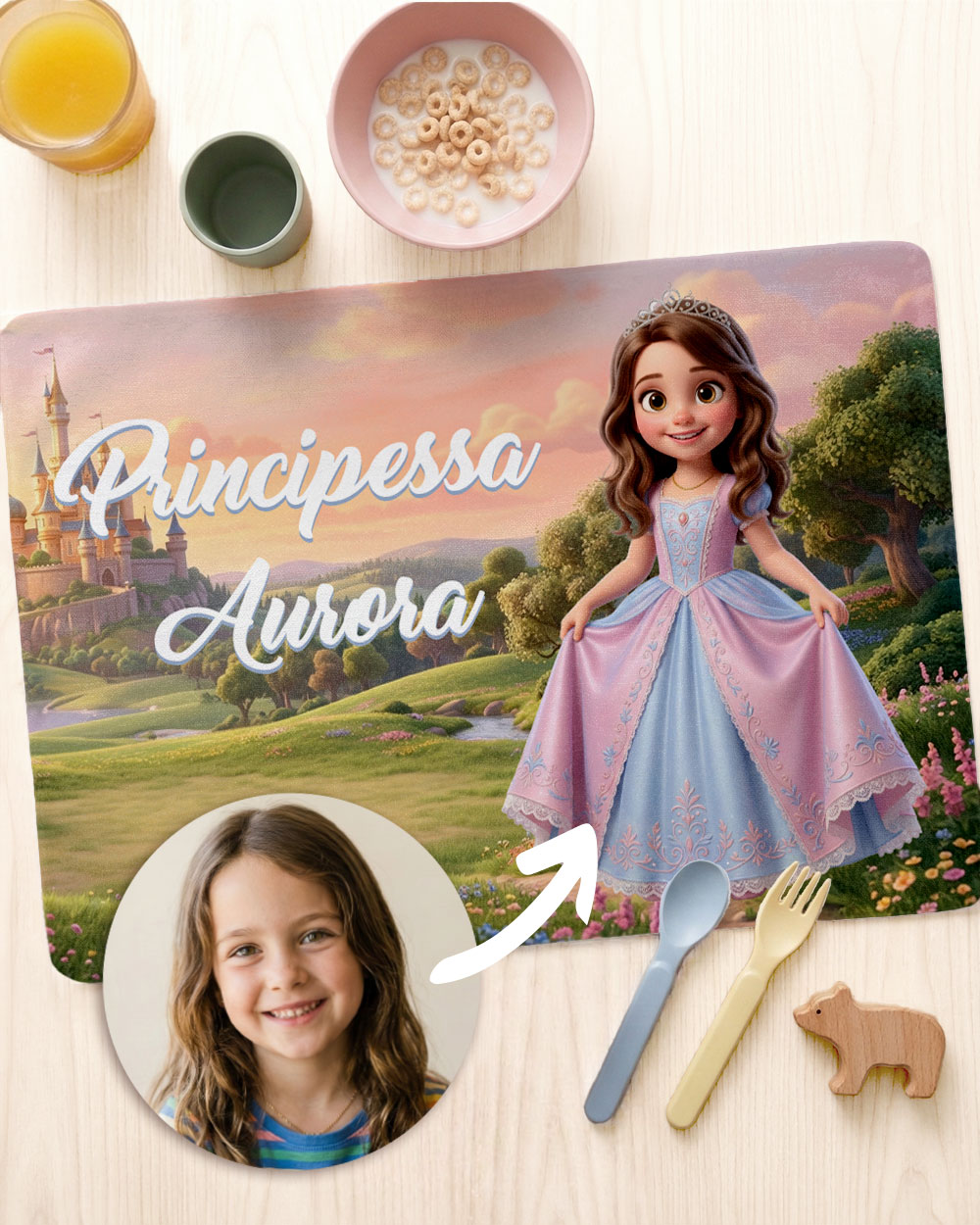 Tovaglietta personalizzata principessa con foto bambina trasformata in cartone animato 3D su sfondo castello e prato fiorito