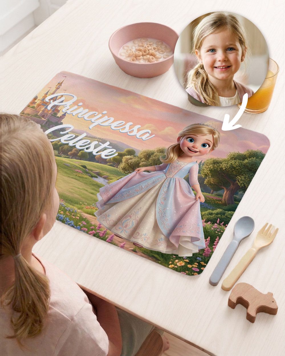 Tovaglietta principessa personalizzata con nome bambina - esempio personalizzazione con sfondo castello e giardino incantato