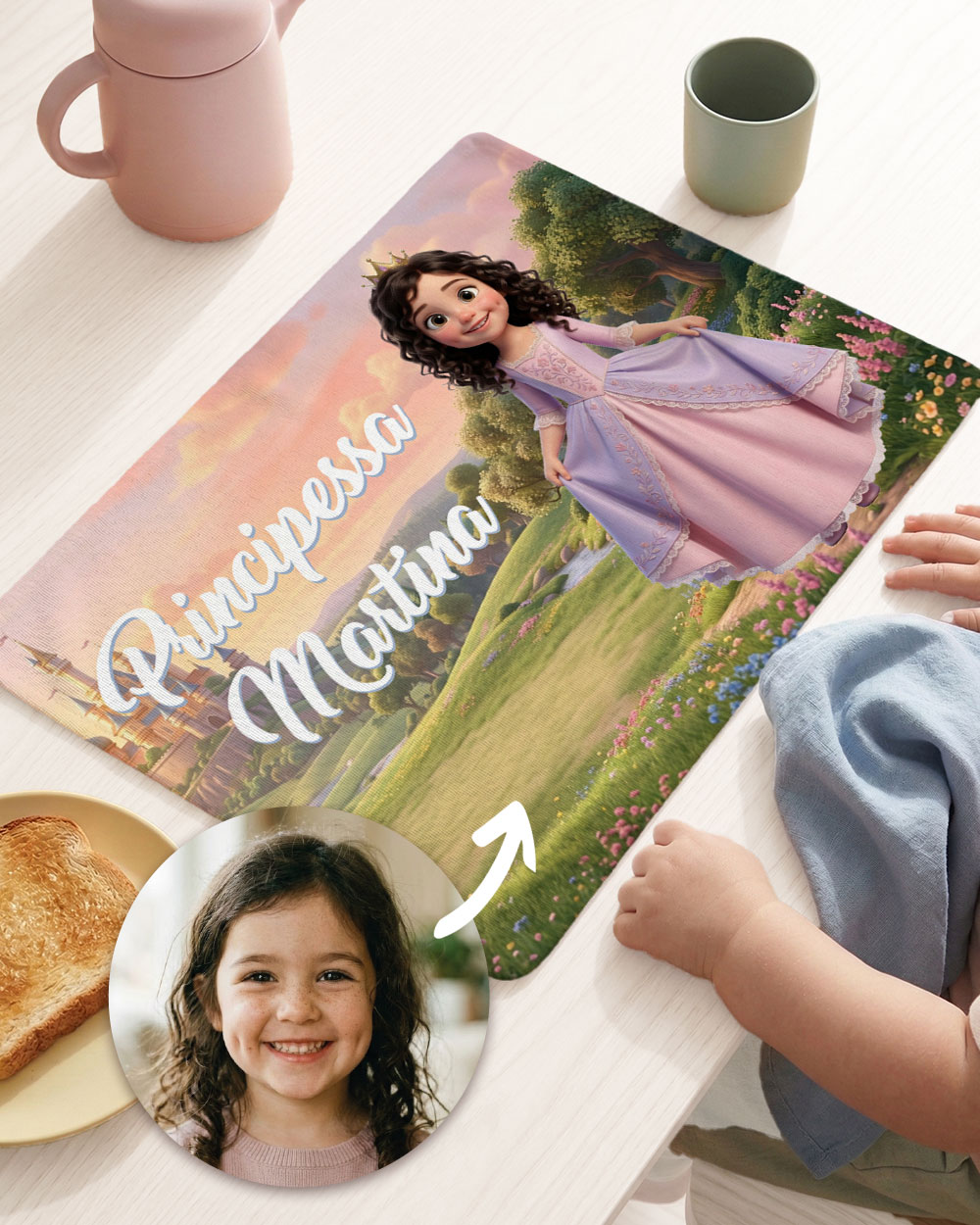 Tovaglietta personalizzata principessa lavabile in lavatrice a 40 gradi - tessuto 100% poliestere satinato Made in Italy