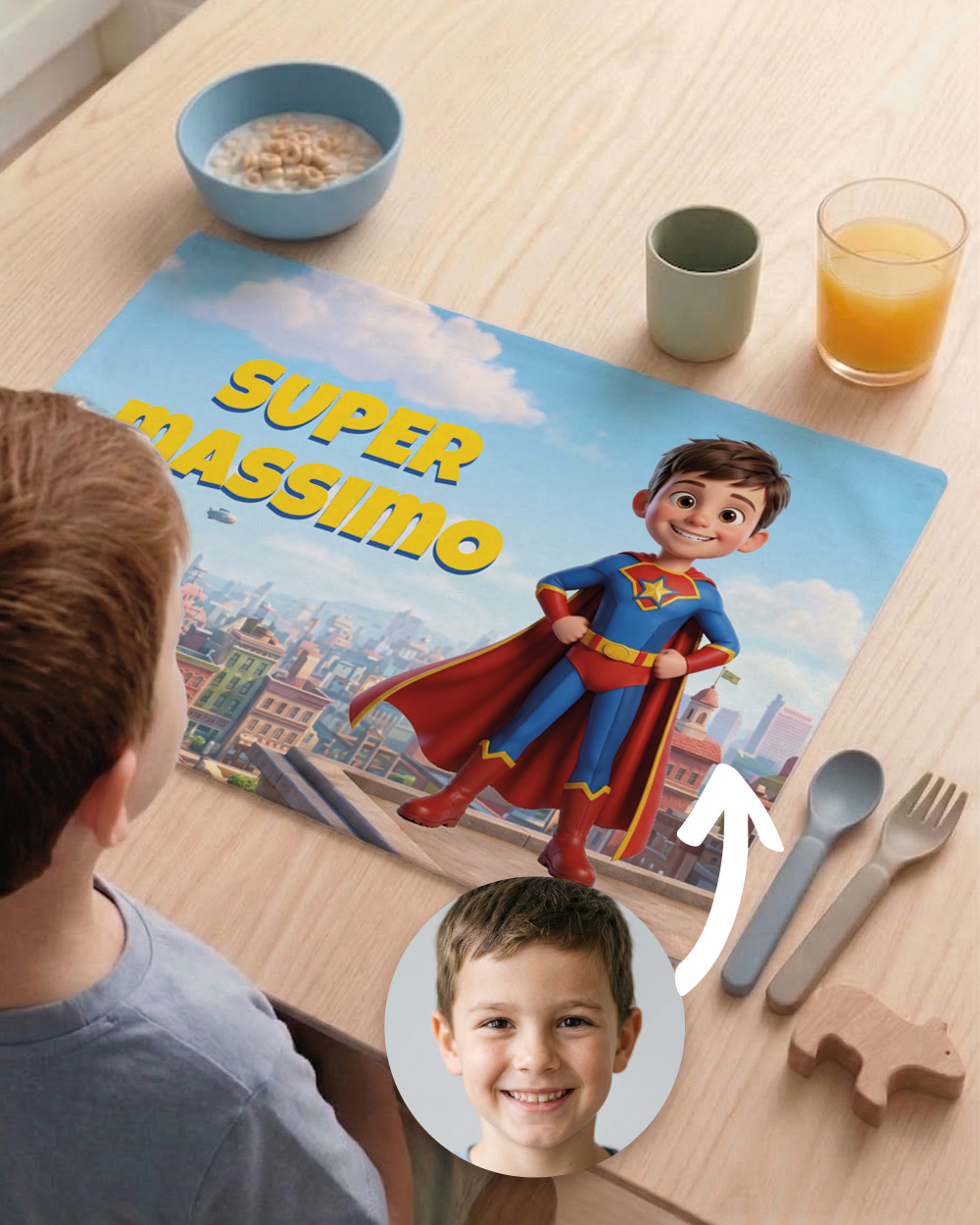 Tovaglietta personalizzata supereroe lavabile in lavatrice a 40 gradi - tessuto 100% poliestere satinato Made in Italy