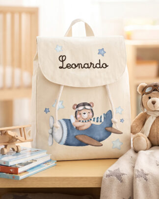 Zainetto per Scuola e Asilo, Personalizzato con Nome e Orsetto Viaggiatore – Idea Zaino Scuola per Bambini, Back to School