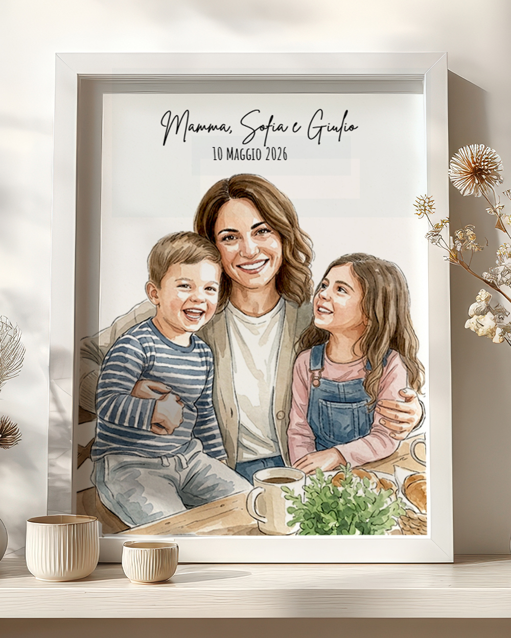 Ritratto acquerello personalizzato da foto per la mamma — dettaglio stile illustrazione artistica